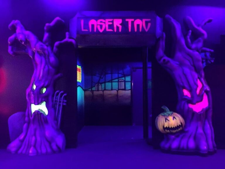 The entrance to a laser tag arena at a monster mini golf location.