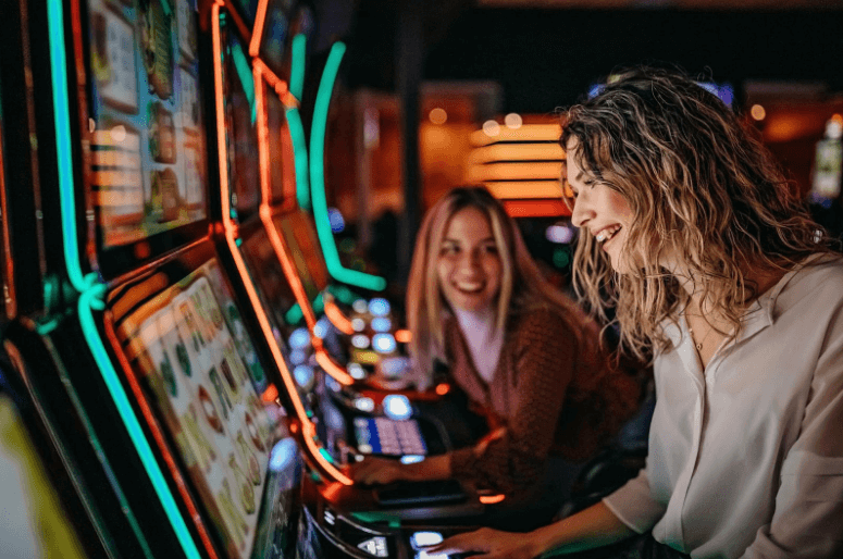 family playing at the arcade together