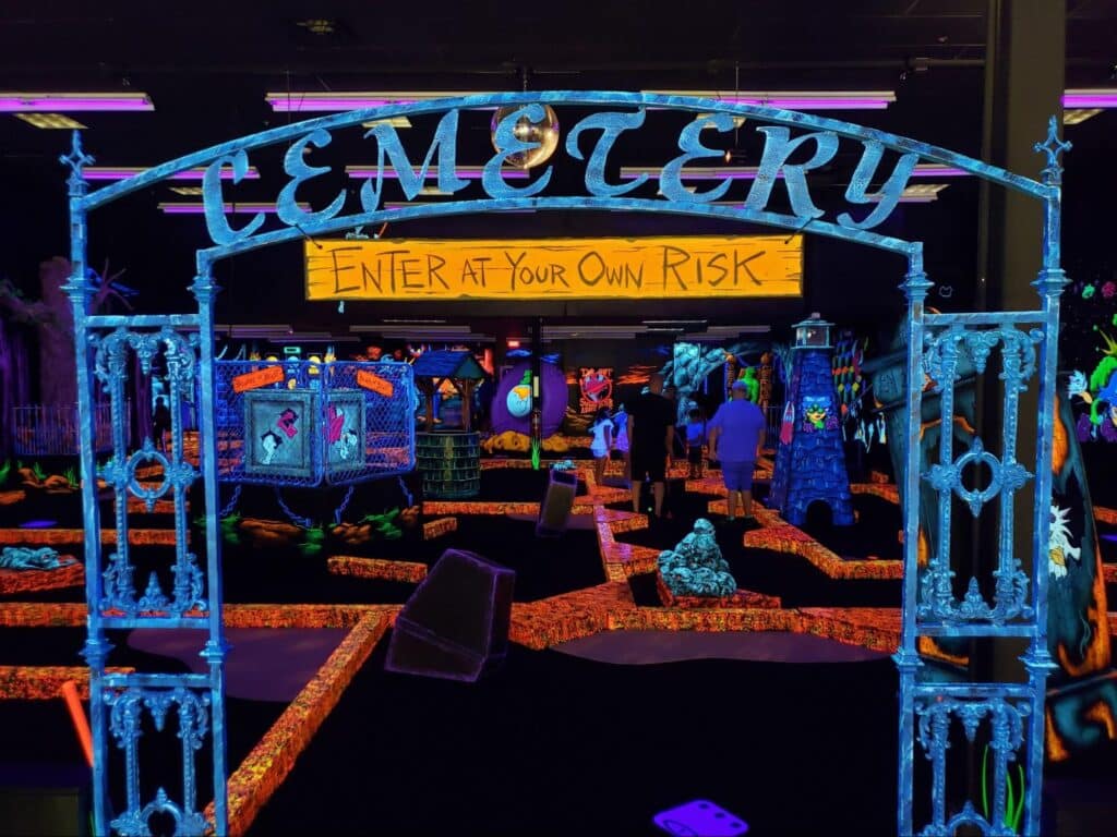 The entrance to a monster mini golf indoor golf course.