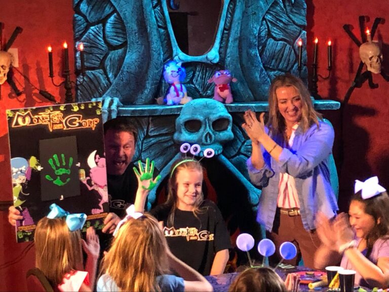 A handprint activity during a birthday party at Monster Mini Golf.