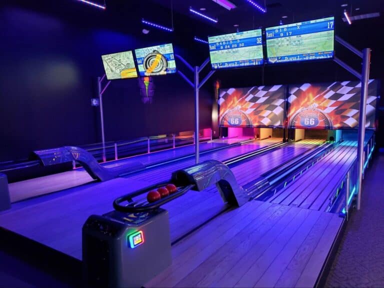 A mini bowling alley at a monster mini golf location.