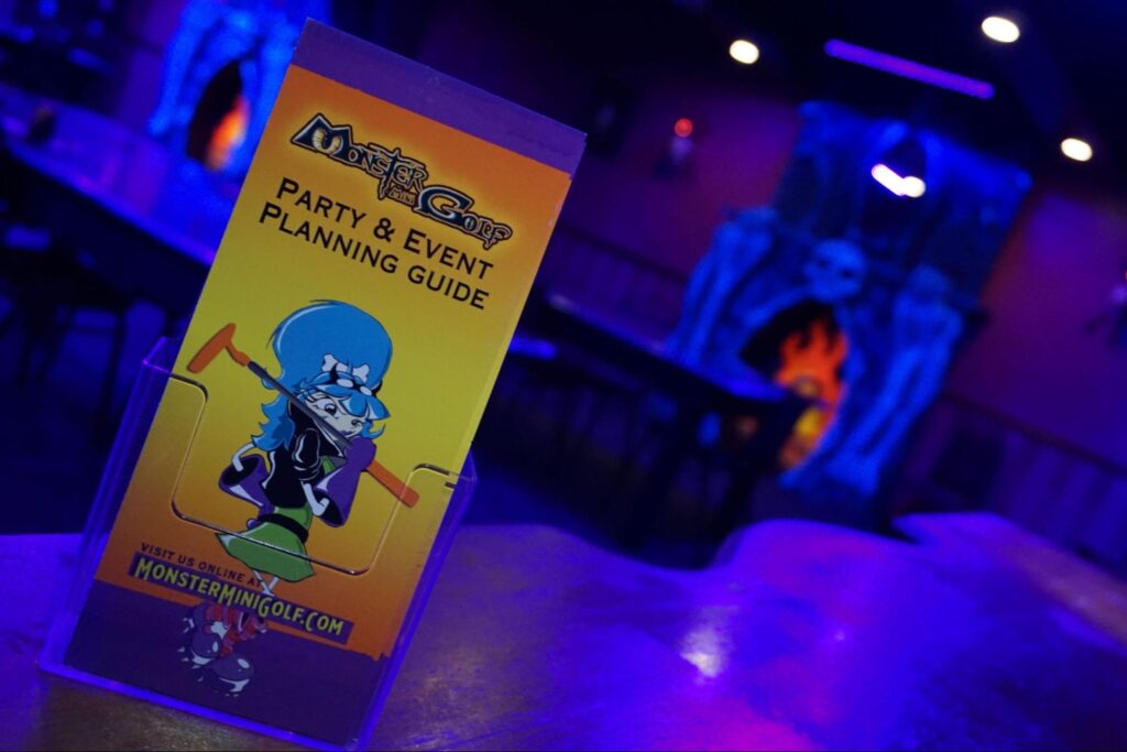 A monster mini golf brochure that reads "party & event planning guide. "