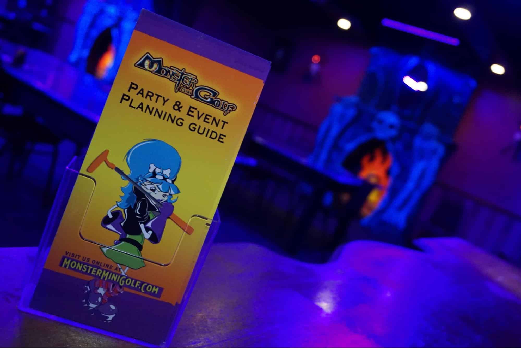 A monster mini golf brochure that reads "party & event planning guide. "