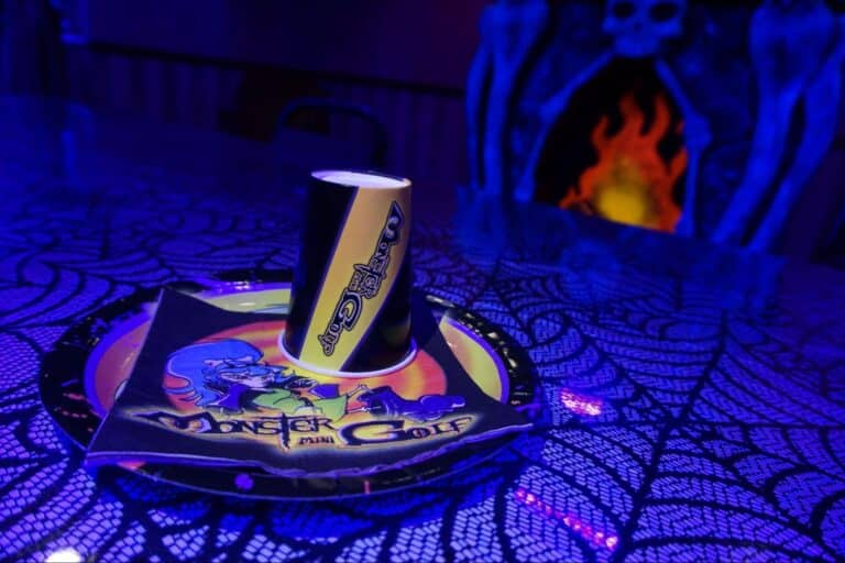 Themed party supplies at a monster mini golf location.